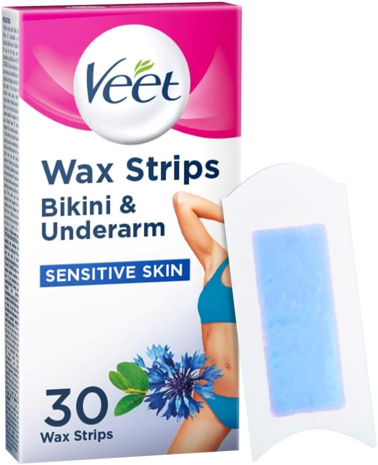 Veet Bikini & Underarm Cold Wax Strips, 30 Count, Brazilian Hair Removal, Sensitive Skin, Smooth Finish, Ideal Eyebrow Shaping, Gentle Waxing Solution