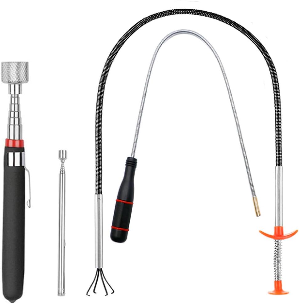 4 Pack Telescoping Magnet Pick-up Tool Set - Retrieving Pickup Tools，Extendable Pick Up Tools，Bendable Spring Magnet Stick，Flexible Extra Long Reach Bendable Curve Grabber with 4 Claws