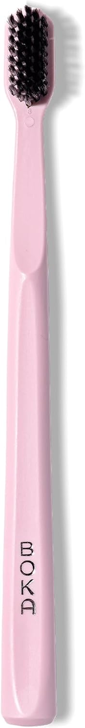 Boka Classic Denture Brushes with Activated-Charcoal, Extra Soft Dental Toothbrush with Bioplastic Handle and Cap, Dentist-Approved for Adults and Kids (Pack of 1, Pink)