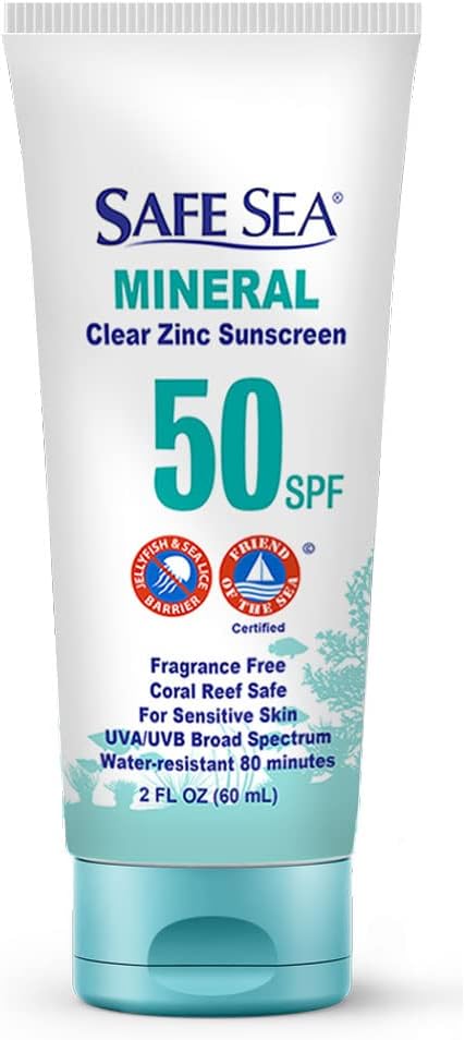 Safe Sea Zinc Oxide Sunscreen SPF50 | Clear Mineral Face Sunscreen Without White Cast | Anti-Jellyfish Sting Protective Lotion | Coral Reef Safe | Travel Size - 60ml (1 tube)