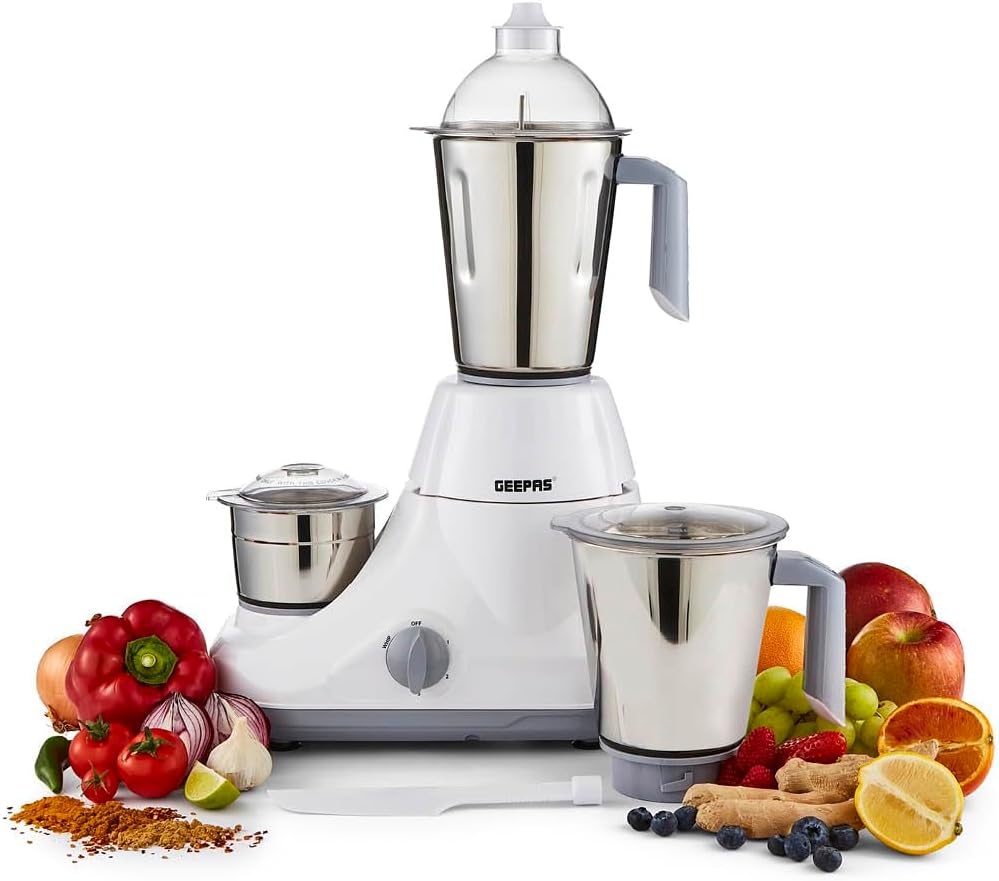GEEPAS 750W 3-in-1 Mixer Grinder | Stainless Steel Jars & Blades | 3 Speed Control, Perfect for Chutney, Dry & Wet Fine Grinding Mixing | Overload Protection | Powerful Motor | 2 Year Warranty, White