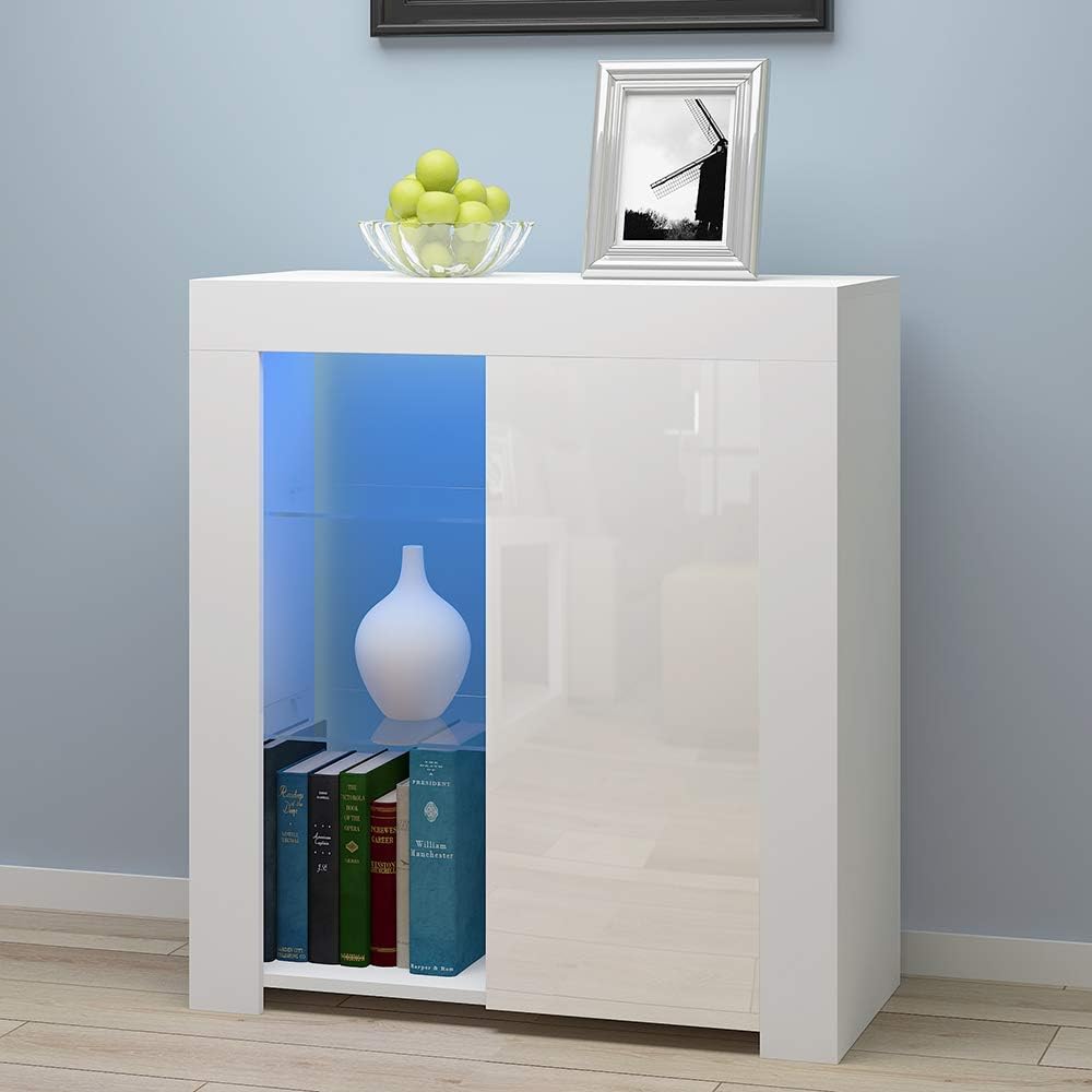 Panana Sideboard Modern Cabinet Matt Body and High Gloss Doors Sideboard 16colors LED Lighted LxWxH 29.53x15.78x32.68inch (White)
