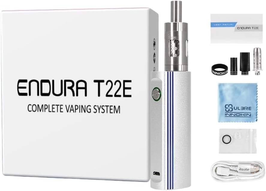 Innokin Endura T22E Vaping Kit, Powerful 2000mAh Mod, Compact MTL Starter Kit with 2ml Capacity Tank, Long Lasting 14-Watt Output Battery Life, Haman Vape Pen E Cigarette, Nicotine Free (Silver)