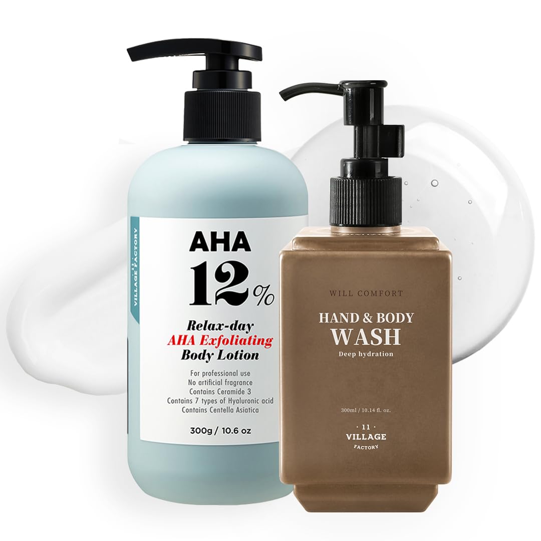 Shower Bundle: AHA 12% Body Lotion & Will Comfort Hand and Body Wash Hinoki Essential Oil & Shea Butter – 10.6 oz & 10.14 oz – Paraben Free & Cruelty-Free