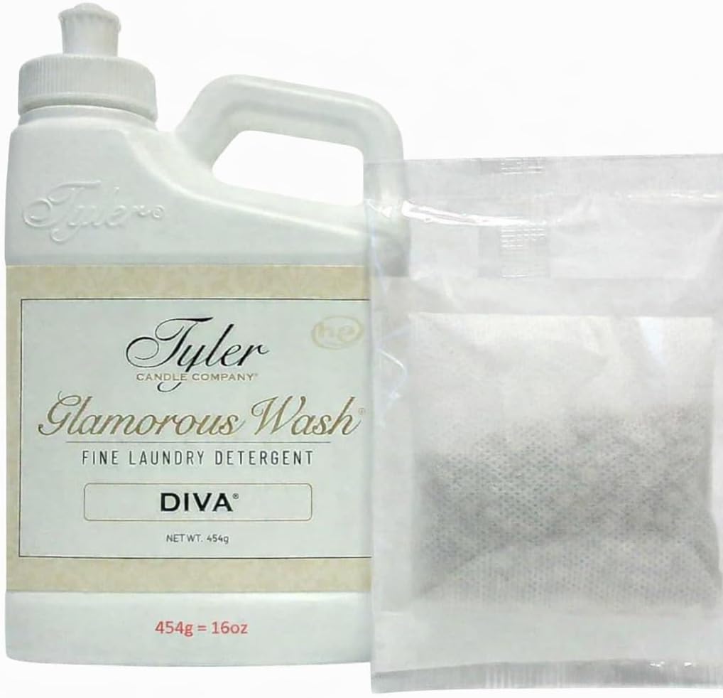 Tyler Candle Glamorous Liquid Wash Detergent Wash, Liquid, Diva, 16 Fl oz/with Dryer Sachet Single Pouch, Pull and Pour Spill Proof Cap ox