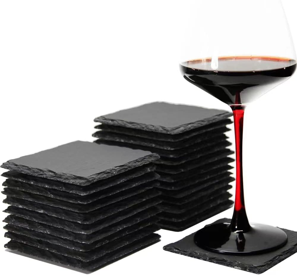 24 Pack 4 x 4 Inch Gorgeous Black Slate Stone Coasters Bulk Square Slate Stone Cup Coaster for Drink Bar Kitchen Home, Handmade Natural Rough Edge, Set of 24