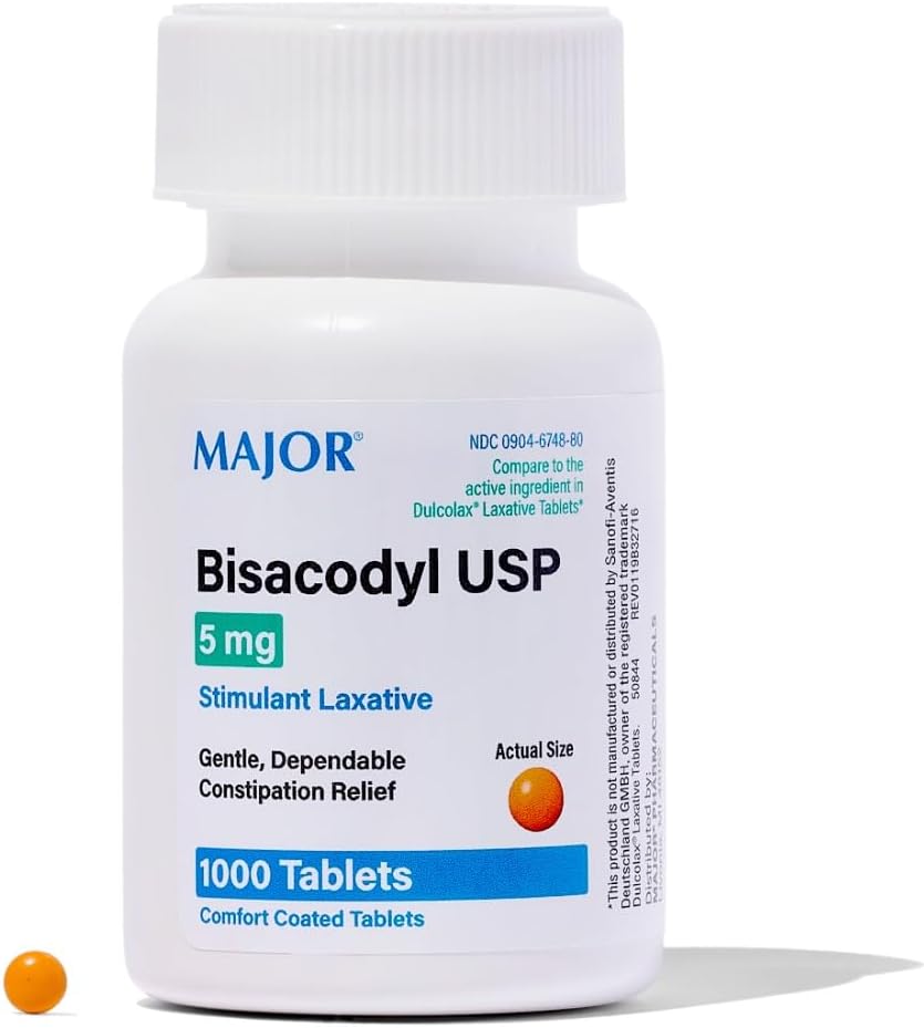 MAJOR Bisacodyl 5 mg - Comfort Coated Stimulant Laxative for Gentle, Dependable, Constipation Relief - 1000 Tablets (1 Pack)