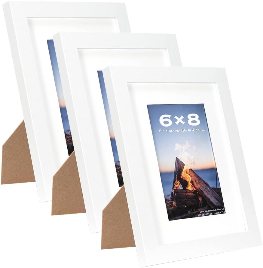 Scholar Tree White 8x6 Photo Frames Set of 3 - Wooden Picture Frames for Table Top and Wall Mounting with 6x4 Mat
