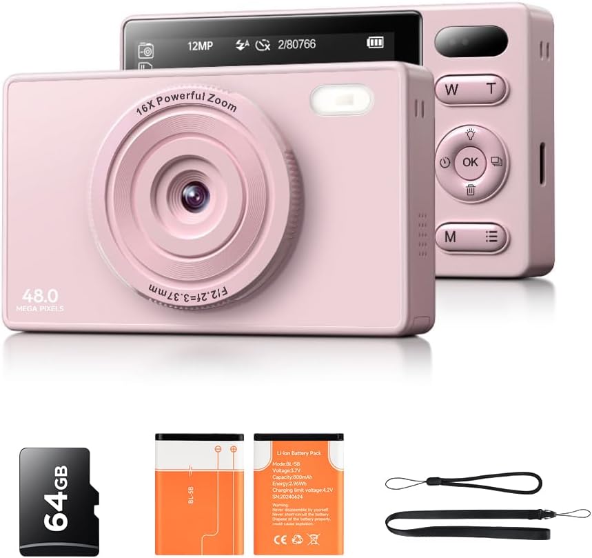 64GB Digital Camera for Kids Photography: 16X Zoom Compact Digital Camera Anti Shake 48MP Video Camera for Vlogging 2 Rechargeable Batteries Beginners Girls Boys Pink