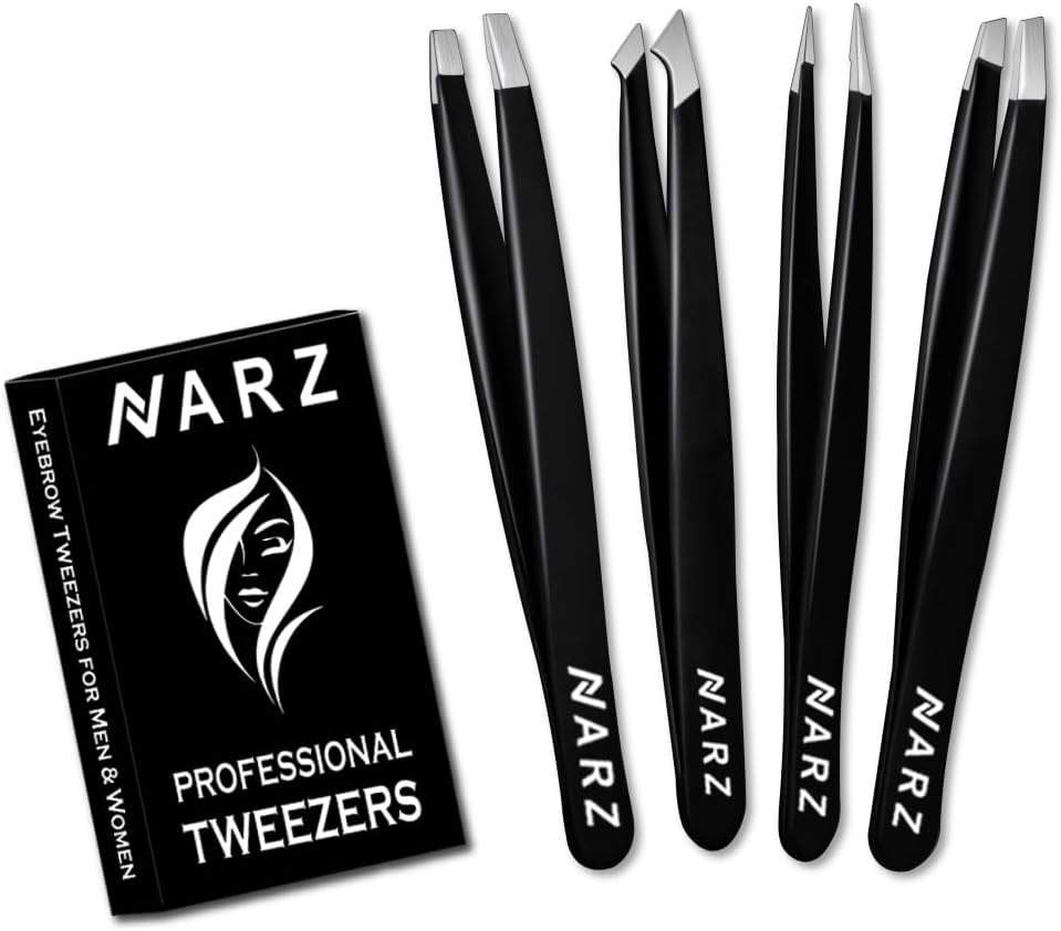 NARZ 4Pcs Professional Tweezer for Facial Hair Women & Men Stainless Steel Precision Tweezers for Ingrown Hair Tweezers for Men & Women (Black Set)