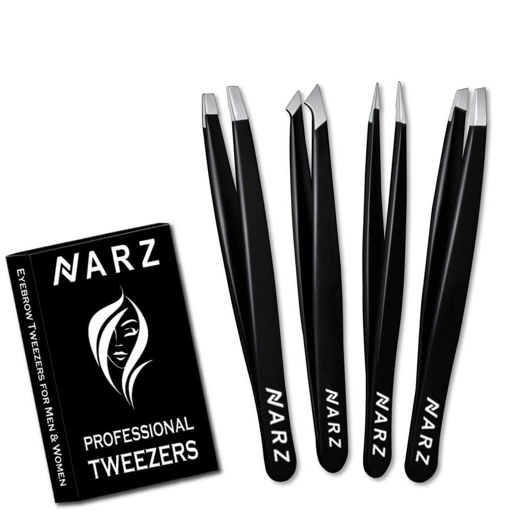 NARZ 4Pcs Professional Tweezers for Women Facial Hair Stainless Steel Precision Tweezers for Ingrown Hair Eyebrow Tweezer for Men & Women (Black Set)