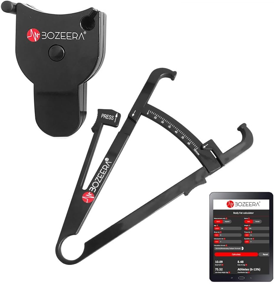 [BODY FAT CALIPER AND BODY MEASURING TAPE] / Skinfold Caliper and Body Tape Measure - Includes FREE Software, Video Interpretation, and English Manual - BOZEERA© - The complete set.