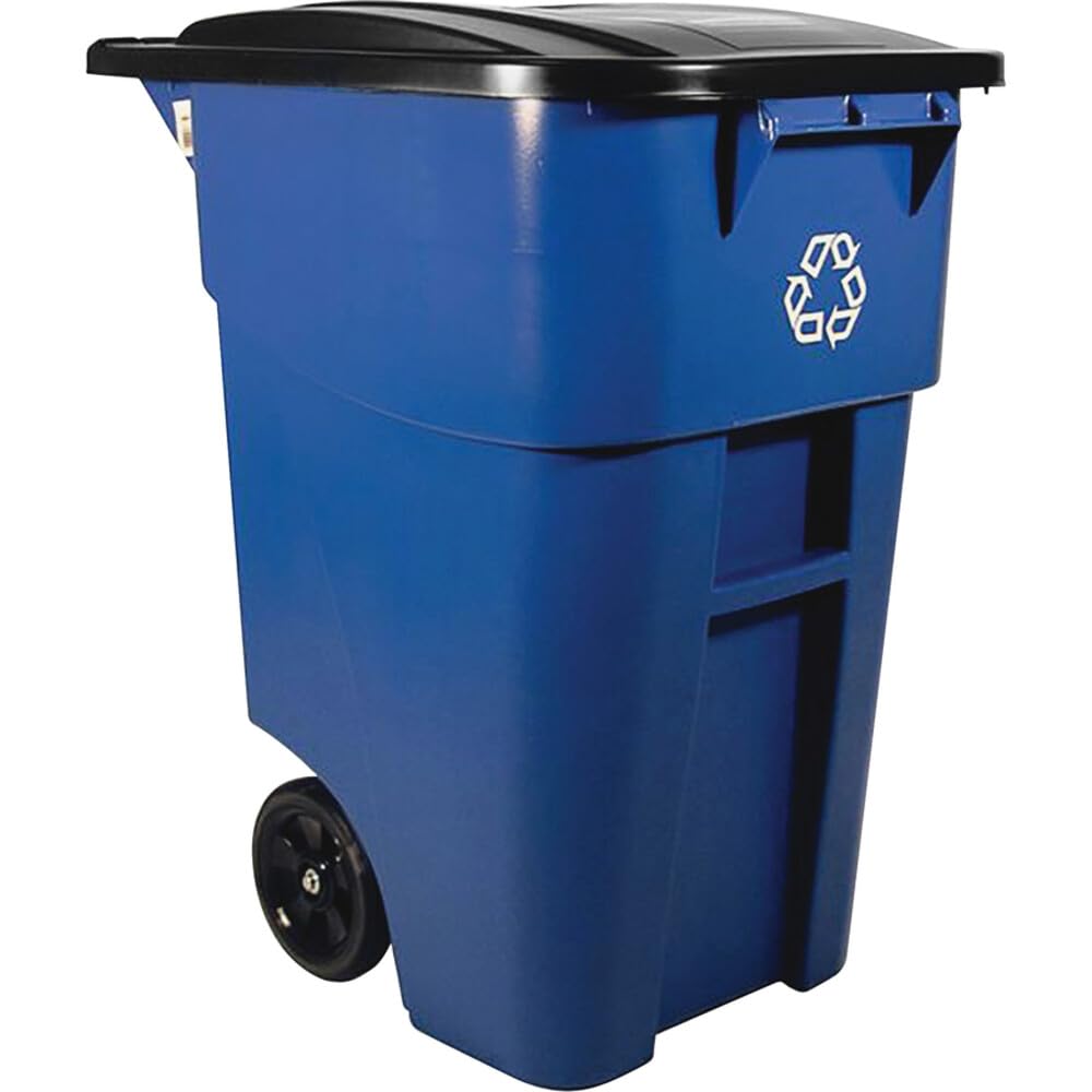 Rubbermaid Commercial Products BRUTE Rollout Can, Blue Recycle, 50Gal, 2Pk