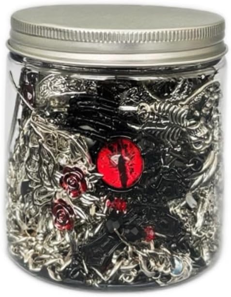 Mystery Jewelry Jar – 30pcs Gothic Surprise Box for Women, Spooky Witch Jewelry Gift Set with Necklace, Earrings, Rings & Bracelets – Unique Halloween Occult Vampire Skull Creepy Costume Gift