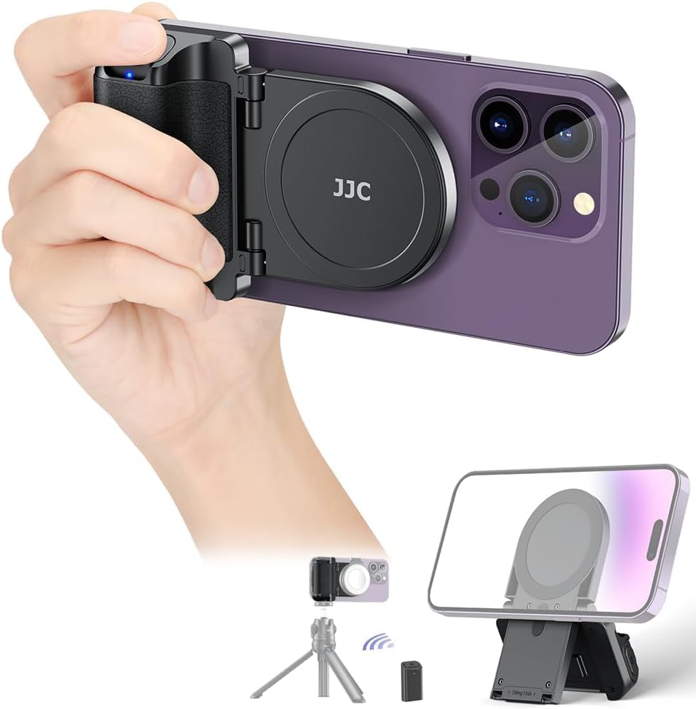 JJC Magnetic Phone Grip with Bluetooth Remote Control, Magsafe Phone Camera Handle for iPhone Android Smartphones, Desk Stand & Tripod Mount Adapter - Black