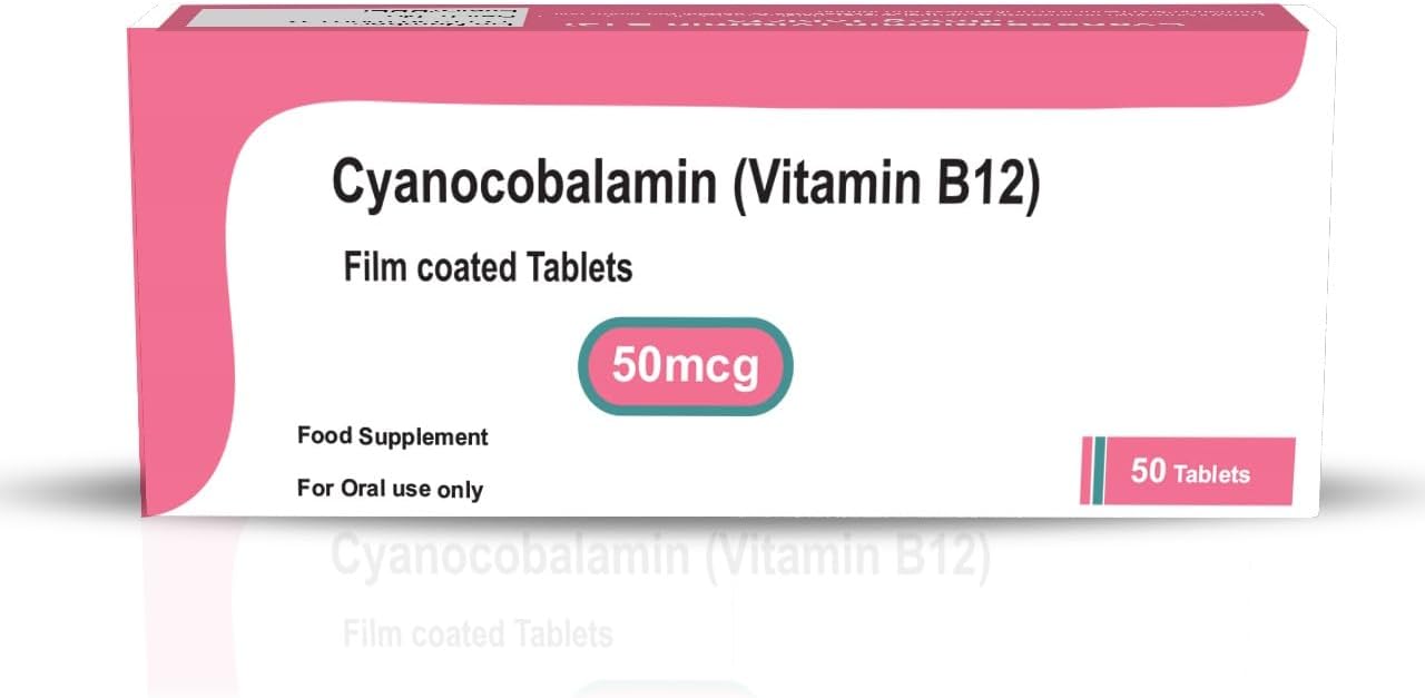 Cyanocobalamin Vitamin B12 50mcg 50 Tablets - Suitable for Vegans & Vegetarians - Combat Fatigue & Tiredness - for Men & Women - Made in UK