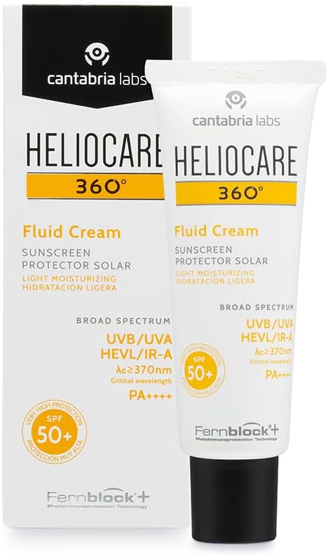 Heliocare 360 Fluid Cream SPF50+ 50ml / Sun Cream For Face/Daily UVA, UVB Visible light and infrared-A Anti-Ageing Sunscreen Protection/Dry and Normal Skin Types/Hydrating