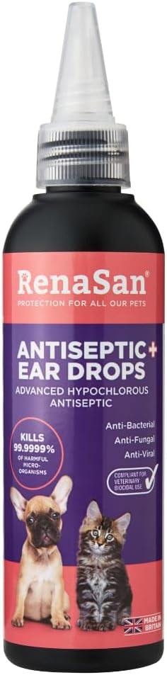 RenaSan Animal Antiseptic Ear Drops – Ear Disinfection, Kills bacteria, Stops Odours, Scratching & Discomfort, Anti-fungal (Yeast), Veterinary-grade, for Dogs, Cats & all other animals (100ml)