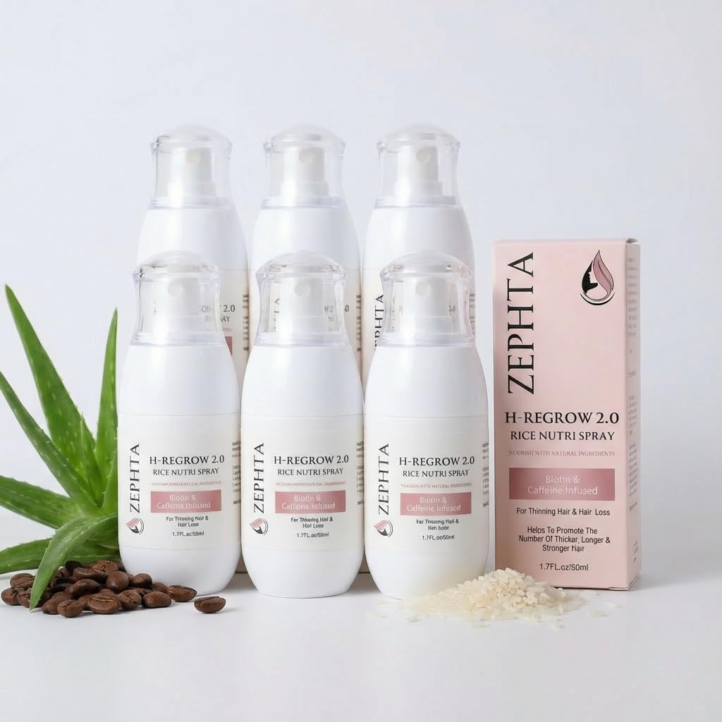 Zephta H-Regrow Hair Growth Spray – With Rice Water, Biotin, Aloe Vera, Caffeine, and Ginger – Hair Growth Product for Men and Women – For Thinning Scalp – 6 Pack