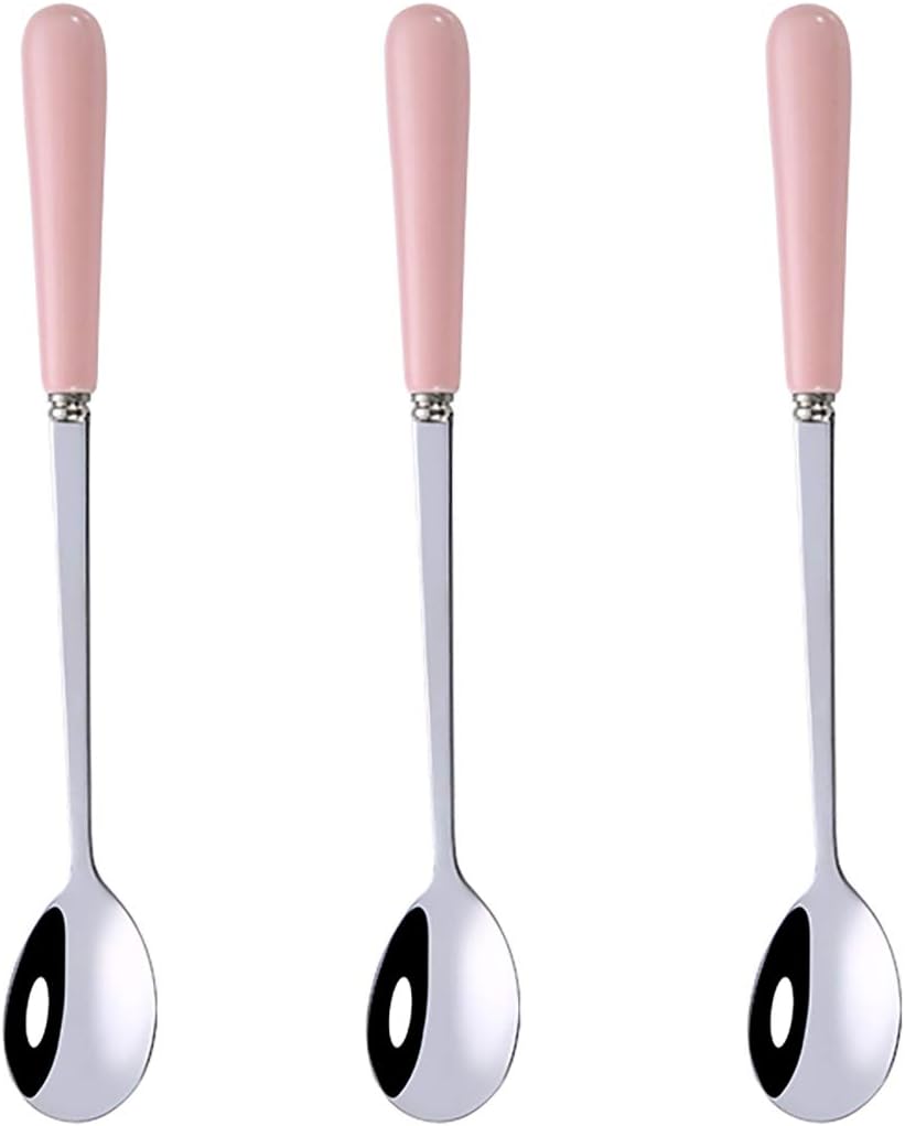 3PCS Mixing Spoons for Coffee, Dessert, Ice Cream, Milkshake, Stainless Steel Iced Teaspoon with Ceramic Handle Tablespoons Espresso Cocktail Stirring Spoons, 6.8-Inch (Pink)