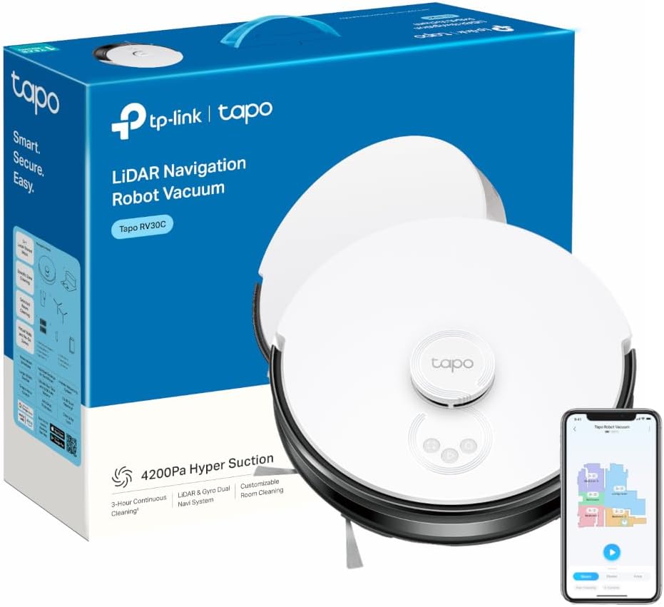 Tapo Robot Vacuum, Ultra Strong 4200Pa Suction Robot Vacuum Cleaner, Quiet, 3-Hour Continuous Cleaning, Self-Charging Robotic Vacuums, Cleans Hard Floors to Carpets,Works with Alexa&Google RV30C