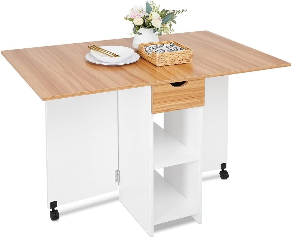 Mondeer Mobile Folding Dining Table, Drop Leaf Table with 1 Drawer and 2 Open Storage Shelves for Small Space Dining Room Kitchen, White & Red oak