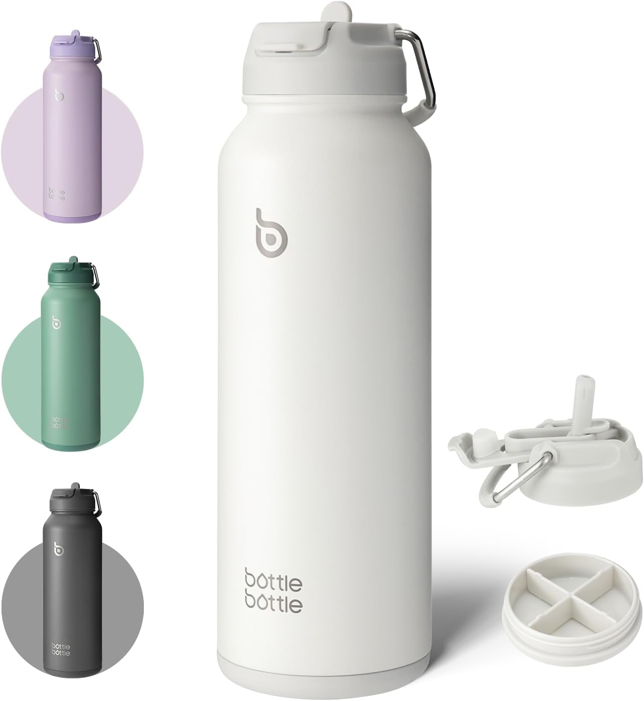 bottlebottle Insulated Water Bottle with Straw 1180ml(40oz) Sports Stainless Steel Water Bottles with Handle Lid Outdoors Drink Flask for Pills (white)