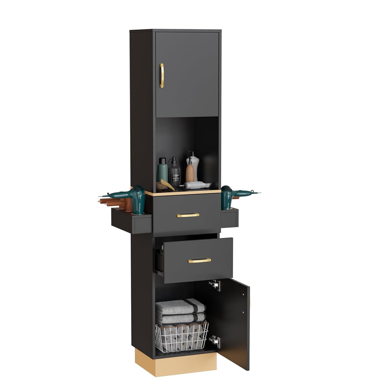Salon Stations for Hair Stylist, Barber Station Hair Salon Station, Beauty Salon Spa Equipment with 2 Drawers, 2 Storage Cabinet, 6 Hair Dryer Holders for Hair Styling, Black Gold