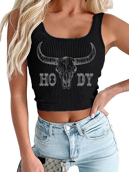Women's Cowgirl Country Concert Sleeveless Cropped Tank Top Summer Casual Cowboy Shirt Western Graphic Top Cute Outfit