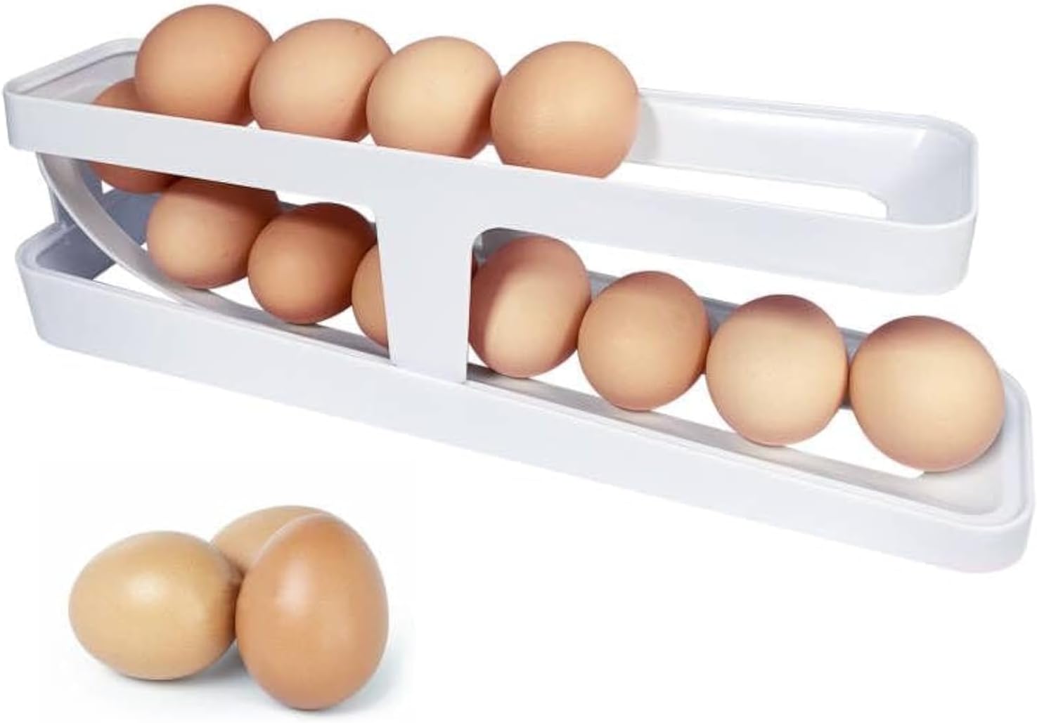 WAIZHIUA 2 Tier Rolling Egg Tray Holder Dispenser - Automatic Egg Storage Container for Kitchen Refrigerator Countertop (White)
