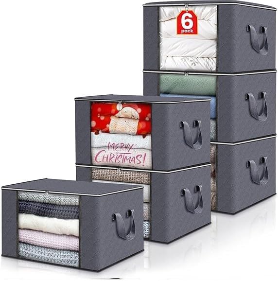 Lux-Living Clothes Storage Bags, 90 Litre Large Capacity With Zip And Clear Window, Thick Fabric With Durable Handles, Non-Woven Fabric Storage Bags, Storage Organizer For Bedding, Comforters (6)