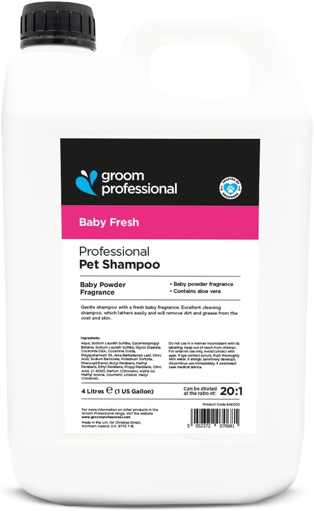 GROOM PROFESSIONAL Baby Fresh Dog Shampoo - Soothing Baby Powder Dog Shampoo - Gentle for Sensitive or Itchy Skin - Removes Dandruff & Smelly Puppy Odours, w/Aloe Vera to Help Itching Relief, 4L