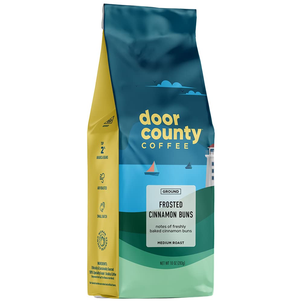 Door County Coffee Frosted Cinnamon Buns Flavored - 10oz Bag - Ground Medium Roast - 100% Arabica - Frosted Cinnamon Buns