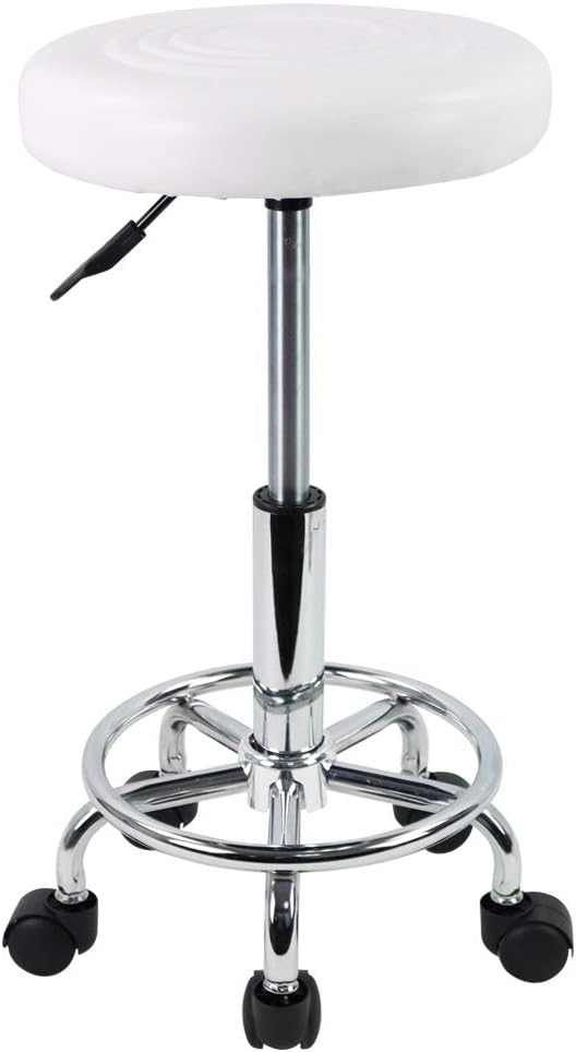 KKTONER PU Leather Round Rolling Stool with Foot Rest Swivel Height Adjustment Medical Spa Drafting Salon Tattoo Work Office Massage Stools Task Chair (White)