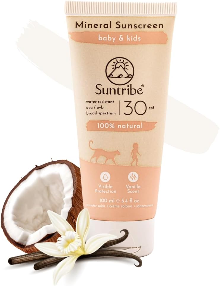 Suntribe Natural Baby & Kids Mineral Sunscreen SPF 30-100 ml, Organic, Perfume Free - 100% Natural & Reef Safe, Non-Nano Zinc Oxide, Water Resistant - “Best Mineral Sunscreen 2022” (The Independent)