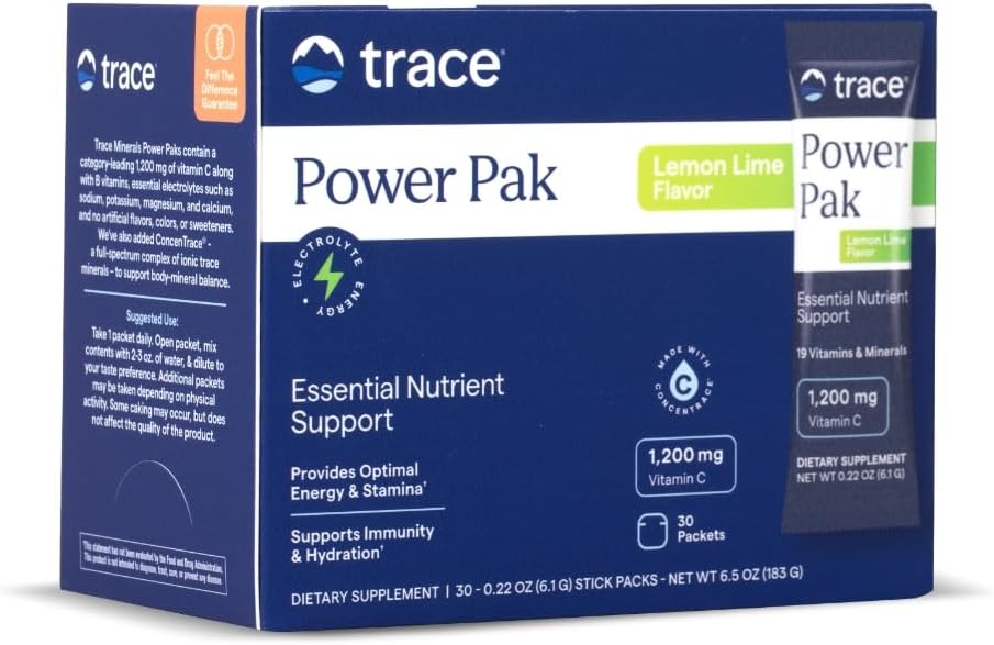 Trace Minerals | Power Pak Electrolyte Powder Packets | 1200 mg Vitamin C, Zinc, Magnesium | Boost Immunity, Hydration and Natural Energy | Lemon Lime | 30 Packets