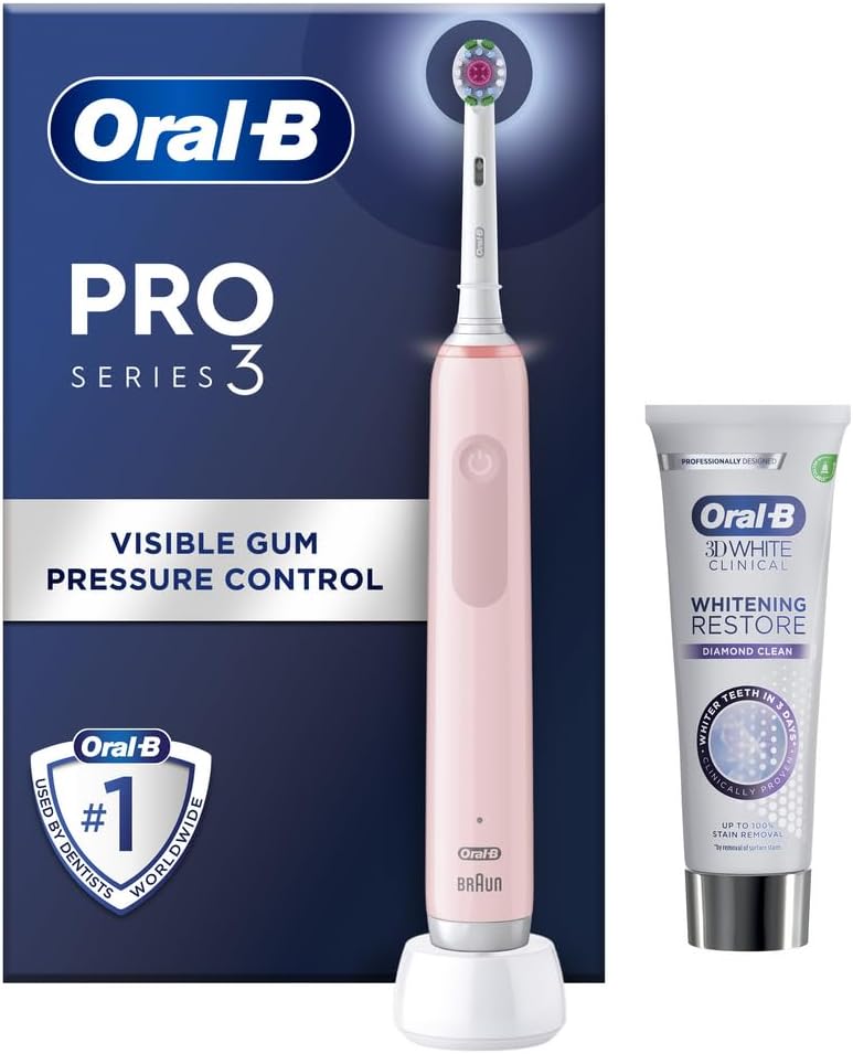 Oral-B Pro 3 Electric Toothbrushes For Adults With Smart Pressure Sensor, Mothers Day Gifts For Her / Him, 1 Toothbrush Head, 1 3D White Whitening Restore Toothpaste, 75 ml, 2 Pin UK Plug, Pink