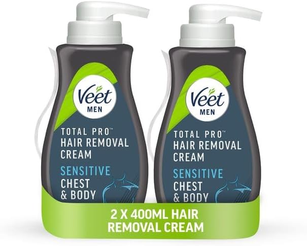 Veet Men Sensitive Hair Removal Cream, Chest & Body, 800ml (2X400ml) - Dermatologically Tested, Promotes Softer Regrowth