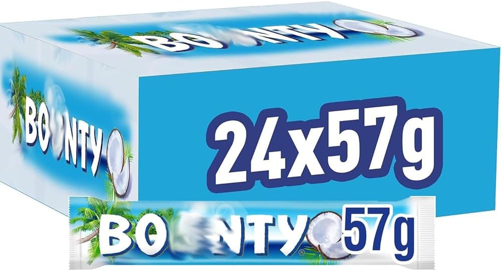 Bounty Coconut & Milk Chocolate Box Bulk Chocolate Bars, Duo, 24 x 57g, Perfect Snack for Coconut Lovers (Pack of 24 x 57g, Bounty Bars)