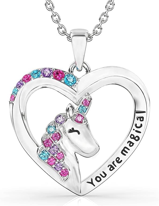 Unicorn Necklace - Silver Plated, Heart Pendant Unicorn Necklace