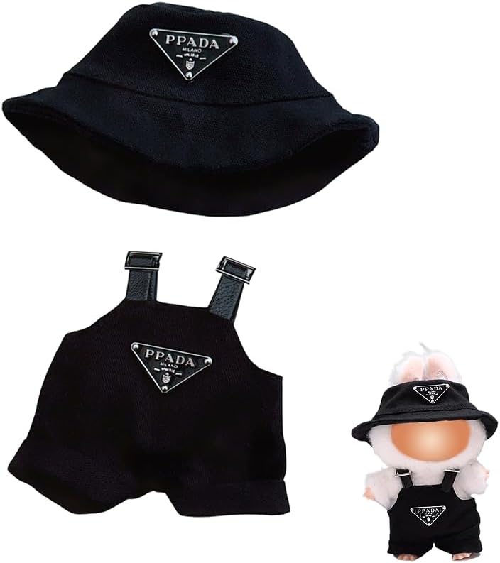 Mini Clothes for Labubu, Handcrafted Crochet 2-Piece Set, Premium Outfit with Open Hat&Overalls for Labubu, Black