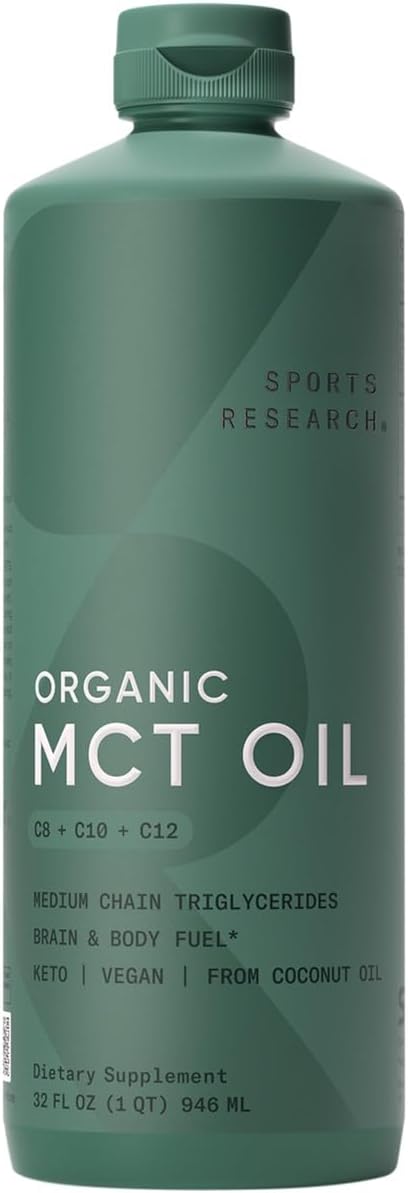 Sports Research Organic MCT Oil - Keto & Vegan MCTs C8, C10, C12 from Coconuts - Fatty Acid Brain & Body Fuel, Non-GMO & Gluten Free - Flavorless Oil, Perfect in Coffee, Tea & Protein Shakes - 32 oz