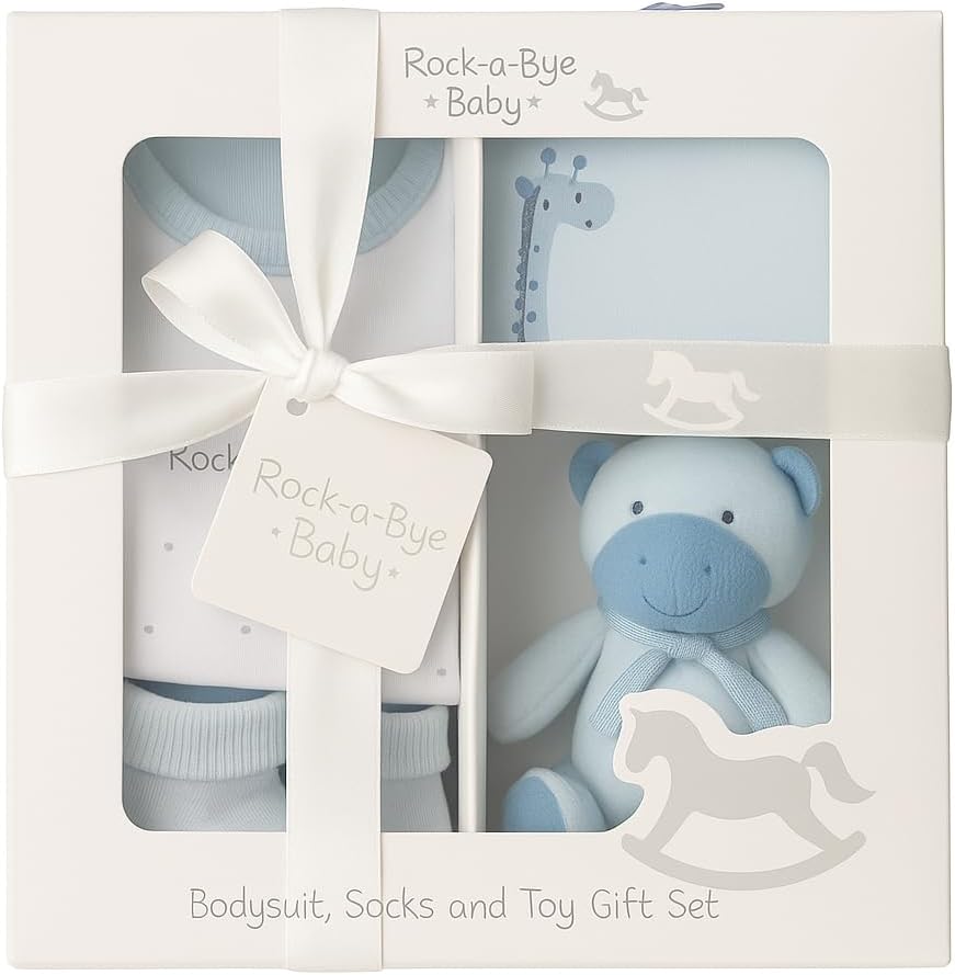 Bundle Bear Baby Boy Newborn Baby Essentials 4 Piece Luxury Boxed Baby Gift Set - Baby Shower Gifts for Mum, Featuring Bodysuit, Bib, Socks and Soft Toy, (Blue, 0-3 Months)