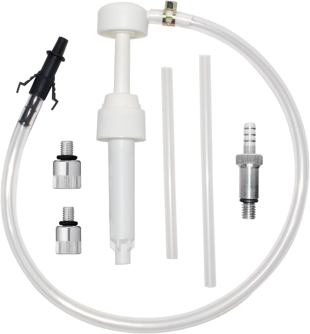 Lower Unit Gear Oil Pump for Standard Quart Bottles, 10cc Per Pump Stroke, Includes Fluid Pump, Long Fill Hoses, Rigid Suction Tubes, 3/8 inch Metal Swivel, 8mm and 10mm, 3rd Hand Adapter