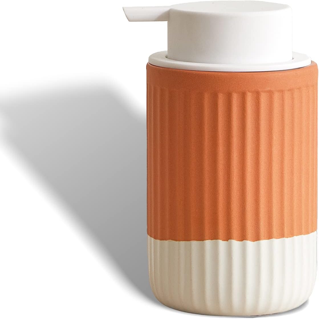 ABBI NIMO Hand Dipped Terracotta Ceramic Foam Soap Dispenser, 12 oz Rippled Bubble-Up Bottle with White Silicone Pump, Refillable Orange Hand Soap Dispenser for Bathroom