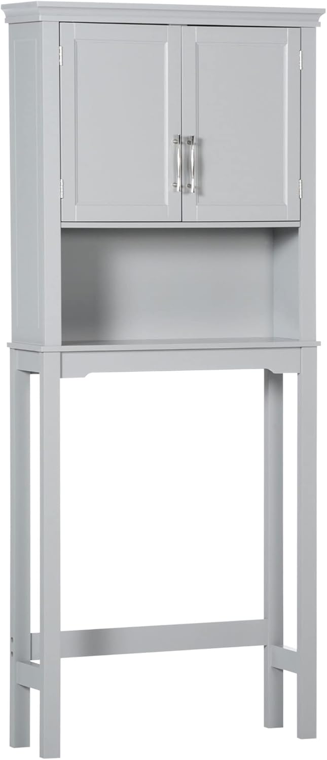 kleankin Modern Over The Toilet Storage Cabinet, Double Door Bathroom Organizer with Inner Adjustable Shelf and Open Shelf, Grey