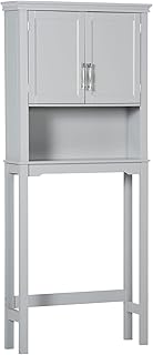 kleankin Modern Over The Toilet Storage Cabinet, Double Door Bathroom Organizer with Inner Adjustable Shelf and Open Shelf, Grey