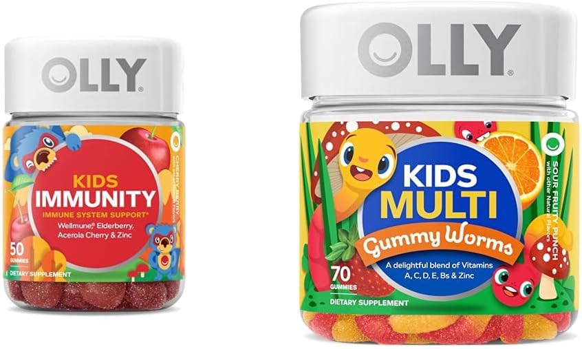 OLLY Kids Immunity Gummy, Immune Support, Wellmune, Elderberry, Vitamin C, Zinc & Kids Multivitamin Gummy Worms, Overall Health and Immune Support, Vitamins and Minerals A, C, D