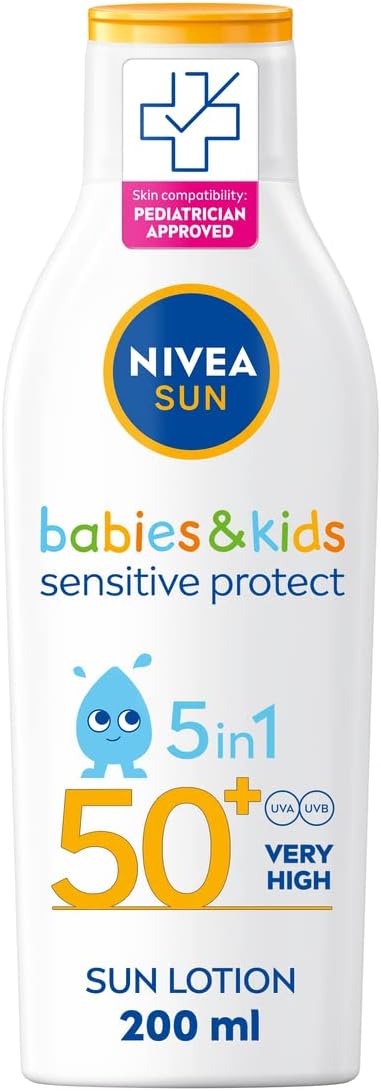 NIVEA SUN Kids Protect & Sensitive Sun Lotion (200ml) Sunscreen with SPF 50+, Kids Suncream for Sensitive Skin, Immediately Protects Against Sun Exposure