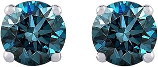 Blue - I1 Round Brilliant Cut Diamond Earring Studs in 14K Gold